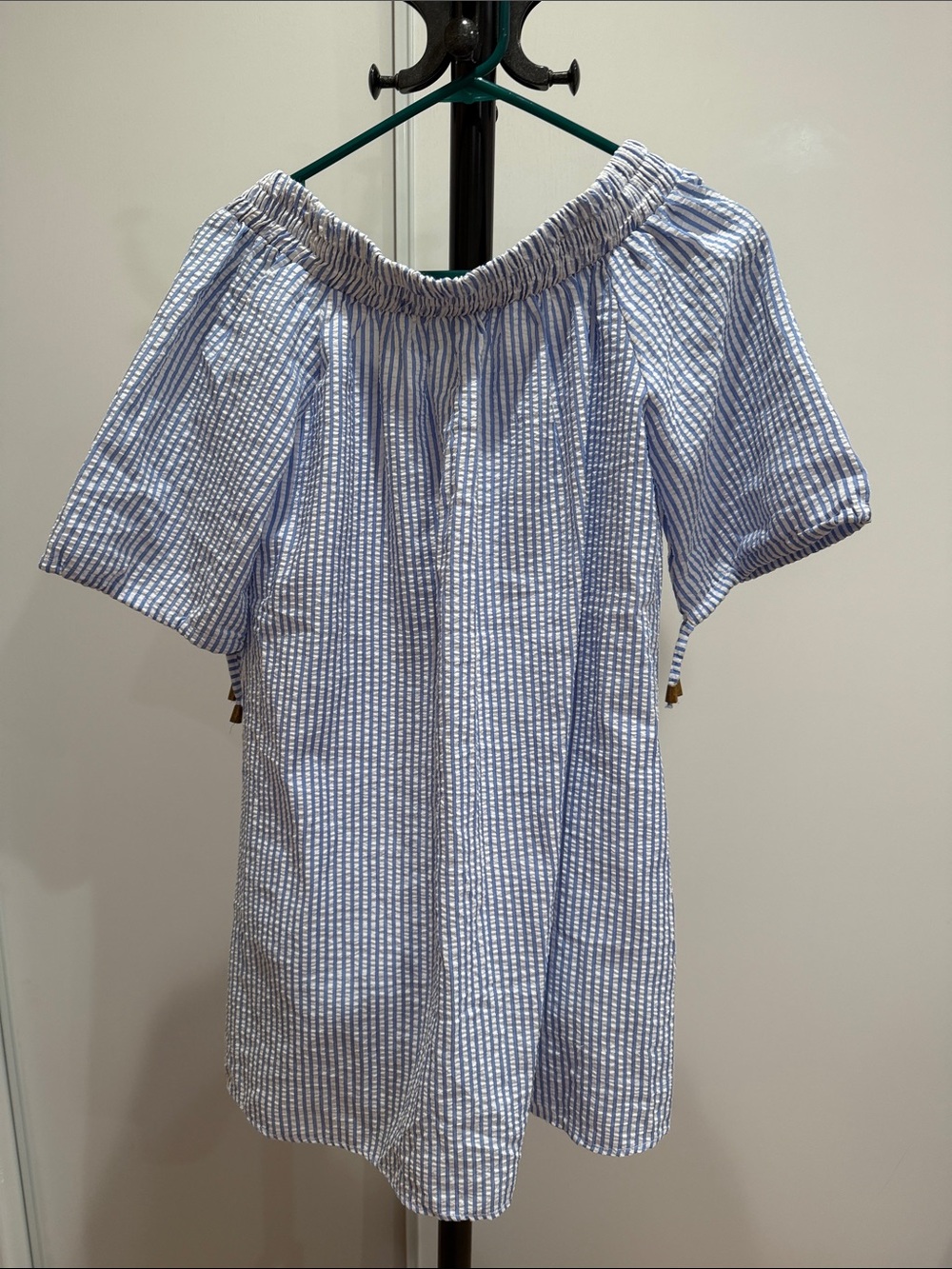 Blue Striped Off-Shoulder Kids Dress